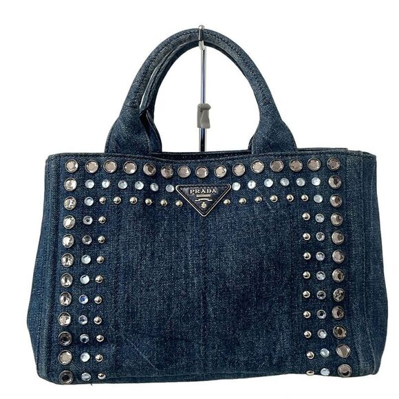 Prada Handbags - Prada Tote Bag Canapa B2439o Navy Bijou Studs